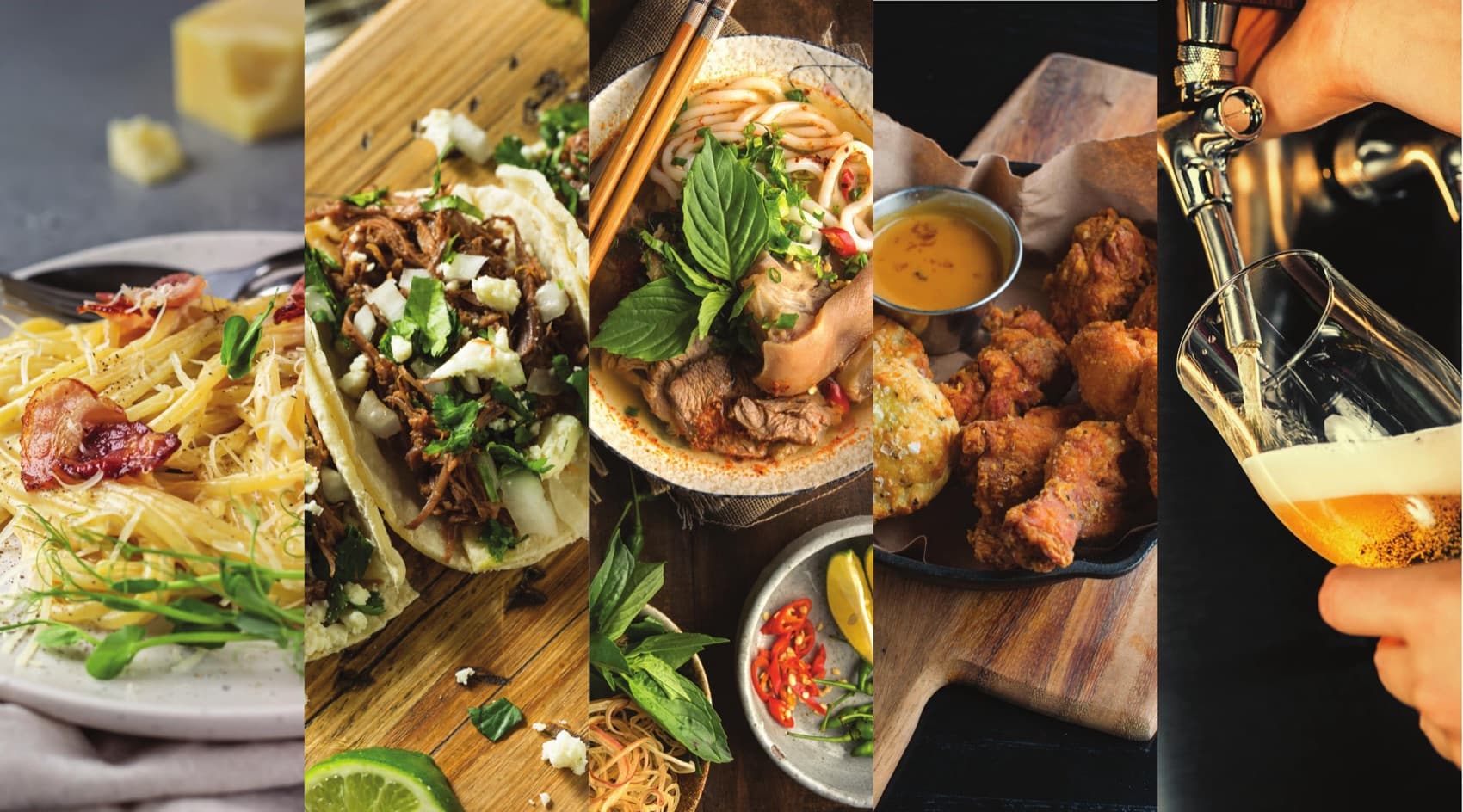 A spread of restaurant dishes — pasta, tacos, pho, fried chicken, and a pour