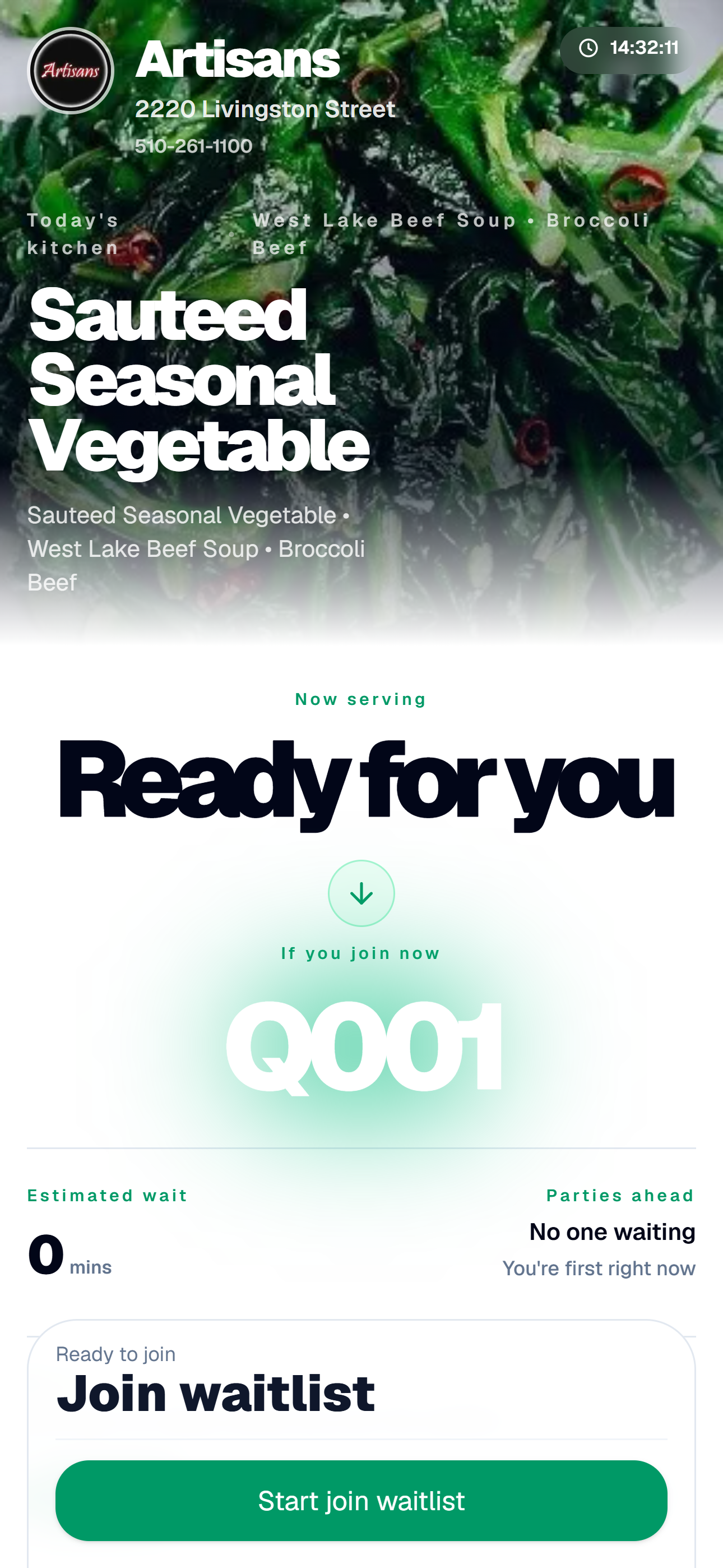 Fora Food Service live queue and waitlist screen on a phone